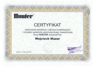 Solid Garden - Certyfikat ukończenia szkolenia z zakresu projektowania i montażu systemów automatycznego nawadniania firmy HUNTER